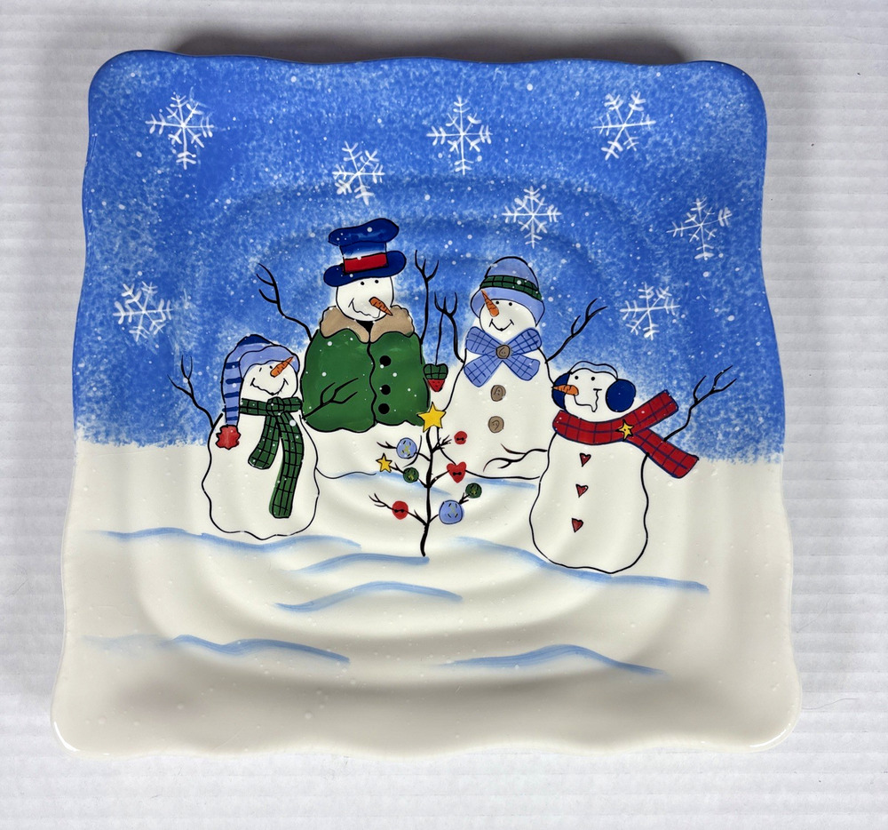 St. Nicholas Square BUTTON UP Serving Cookie Cake Plate Christmas Snowman 11''